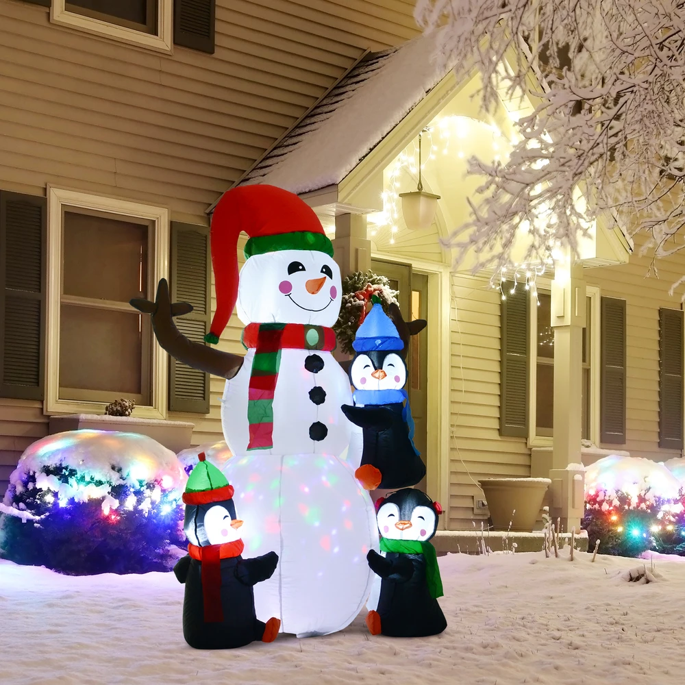 Homcom Pripučiamas sniego senis su 3 pingvinais ir LED apšvietimu, įvairiaspalvis, 140 × 70 × 180 cm