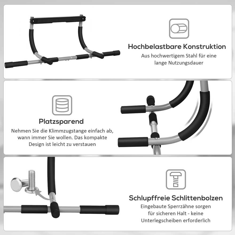 HOMCOM prisitraukimų skersinis, daugiafunkcis treniruoklis, plieno durų skersinis su putplasčio danga, juoda ir pilka, 92x40x17 cm