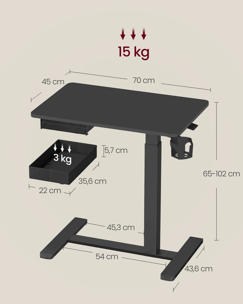 Songmics Pristatomasis staliukas, reguliuojamo aukščio, su stalčiumi, juodas, 70 x 45 x 65–102 cm