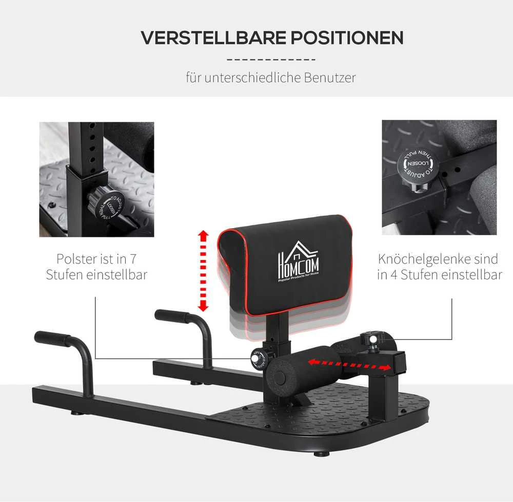 HOMCOM Sissy Squat pritūpimų treniruoklis, kojų ir pilvo presui, 3-in-1, reguliuojamas, iki 120 kg, plieno, juodas, 50x97x44,5–56,5 cm