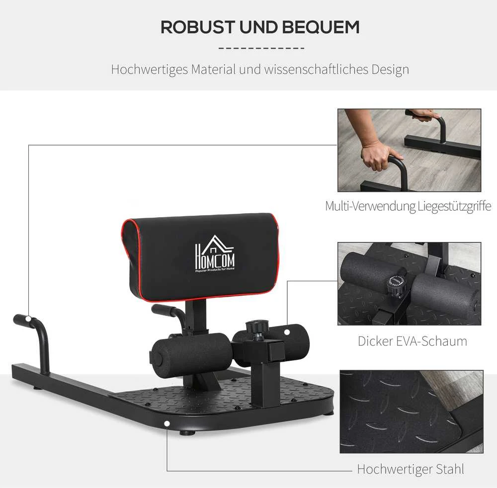 HOMCOM Sissy Squat pritūpimų treniruoklis, kojų ir pilvo presui, 3-in-1, reguliuojamas, iki 120 kg, plieno, juodas, 50x97x44,5–56,5 cm