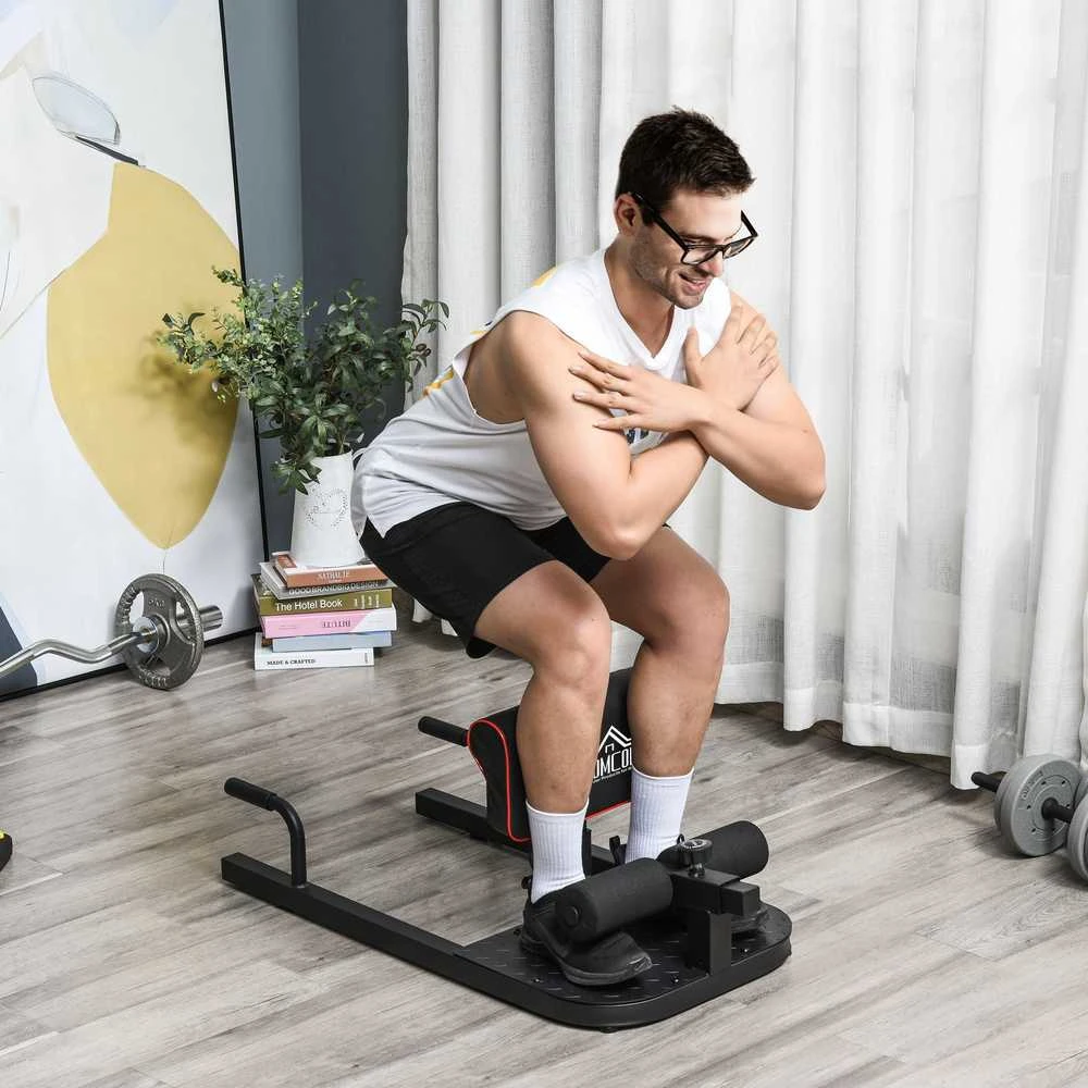 HOMCOM Sissy Squat pritūpimų treniruoklis, kojų ir pilvo presui, 3-in-1, reguliuojamas, iki 120 kg, plieno, juodas, 50x97x44,5–56,5 cm