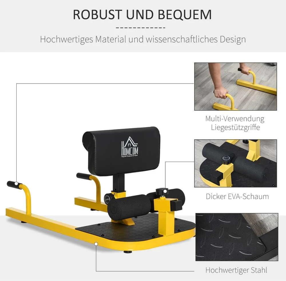 HOMCOM Sissy Squat pritūpimų treniruoklis, kojų, pilvo ir sėdmenų treniruoklis, 3-viename, reguliuojamas iki 120 kg, plieno, geltonas/juodas, 50 x 97 x (44,5–56,5) cm