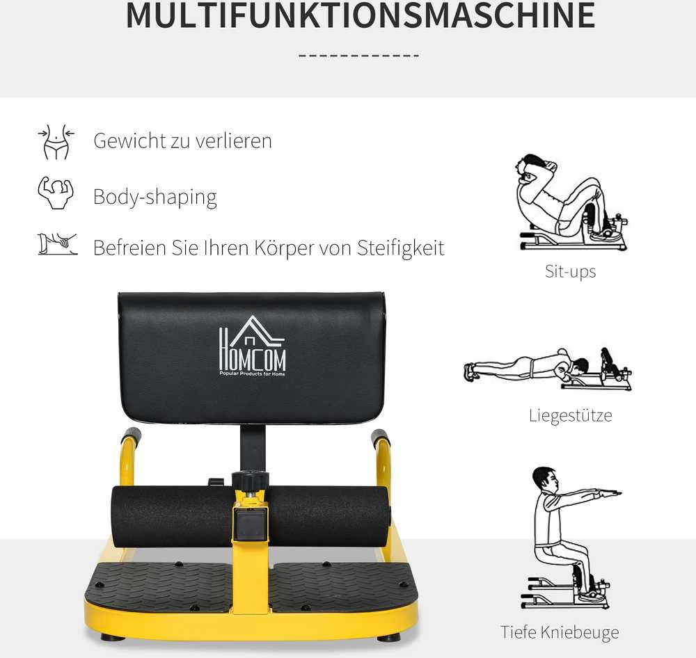 HOMCOM Sissy Squat pritūpimų treniruoklis, kojų, pilvo ir sėdmenų treniruoklis, 3-viename, reguliuojamas iki 120 kg, plieno, geltonas/juodas, 50 x 97 x (44,5–56,5) cm