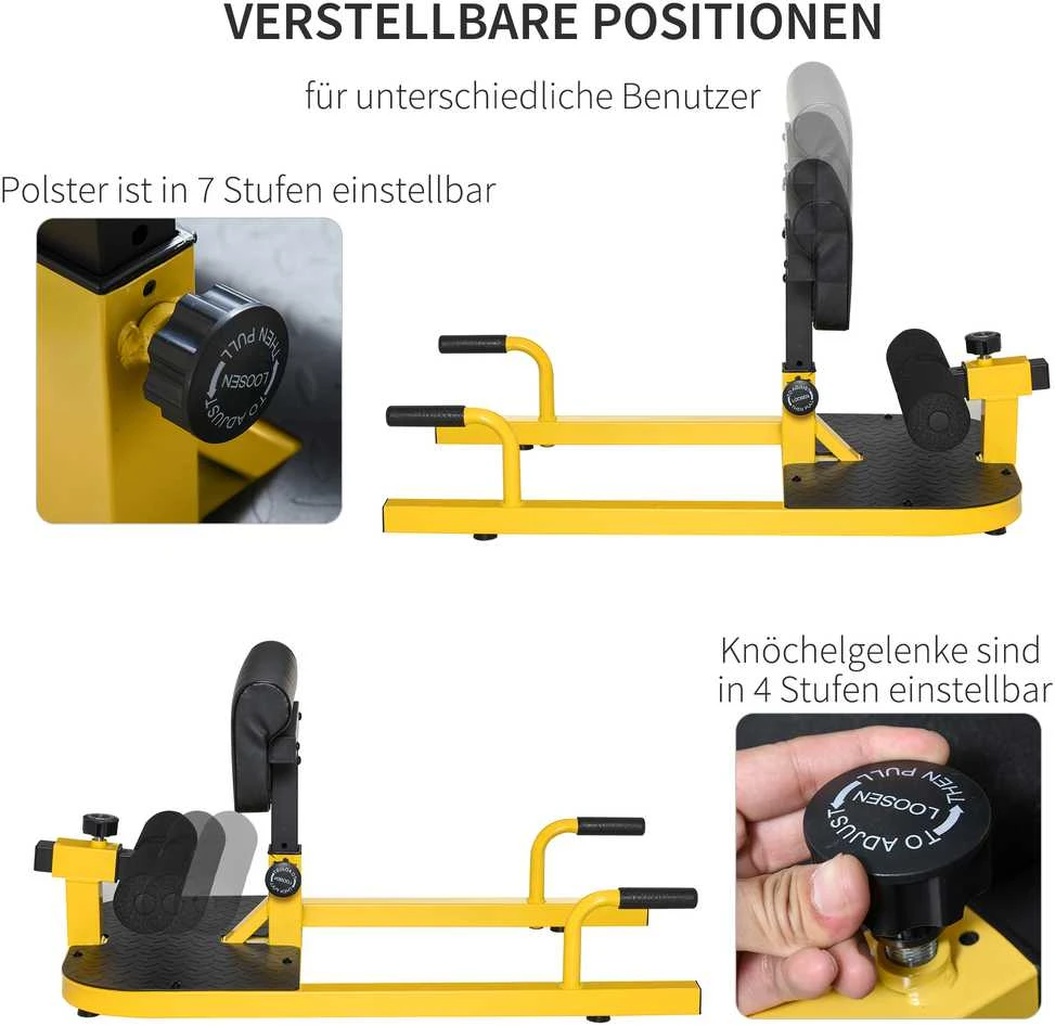 HOMCOM Sissy Squat pritūpimų treniruoklis, kojų, pilvo ir sėdmenų treniruoklis, 3-viename, reguliuojamas iki 120 kg, plieno, geltonas/juodas, 50 x 97 x (44,5–56,5) cm