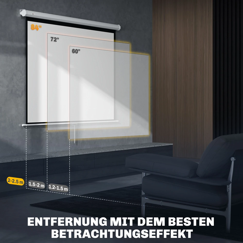 Projektorius HOMCOM projektoriaus ekranas 171 x 128 cm, 84 colių, 4:3 HD 4K, plastikinis, metalinis, namų kinui