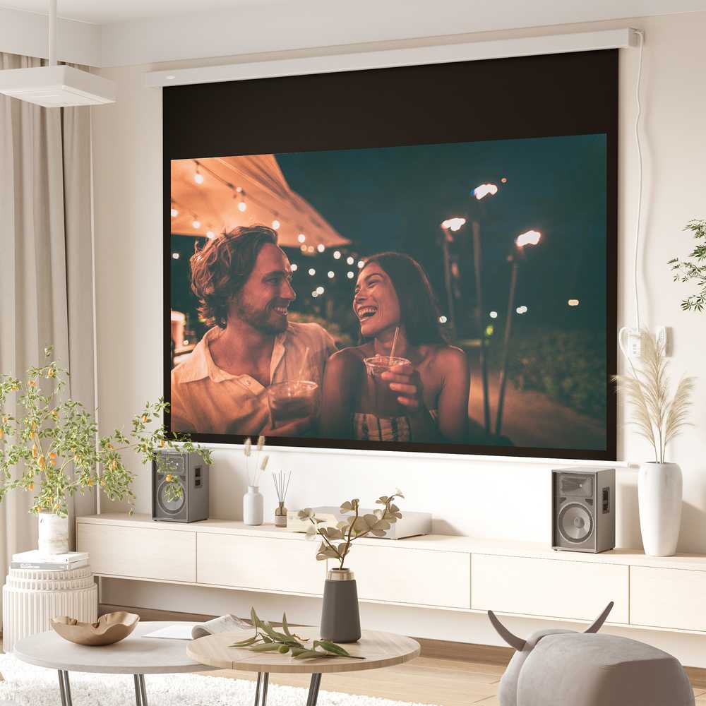 Projektorius Elektrinis projektoriaus ekranas 247 x 168 cm 100 colių 16:9 HD 4K su nuotolinio valdymo pultu, baltas