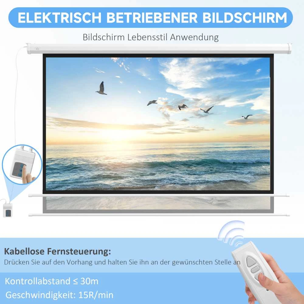 HOMCOM elektrinis projektoriaus ekranas 266 x 149 cm, 16:9 su nuotolinio valdymo pulteliu, kino ekranas namų kinui ir prezentacijoms, metalinis, baltas