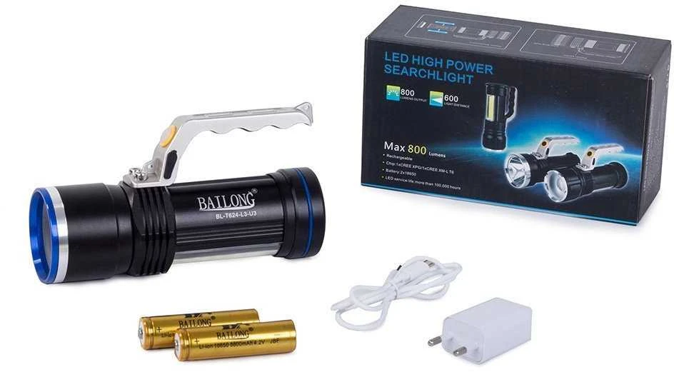 Prožektorius Bailong T624 su CREE XM-L T6 dioda ir COB šviesos funkcija