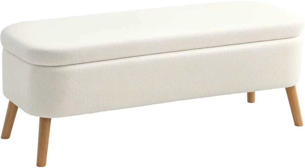HOMCOM daiktadėžė-suoliukas, sėdimas suoliukas su 65 l talpos dėže, pufas, fliso audinys, kaučiukmedis, porolonas, 120 x 42 x 45 cm, kreminės baltos spalvos