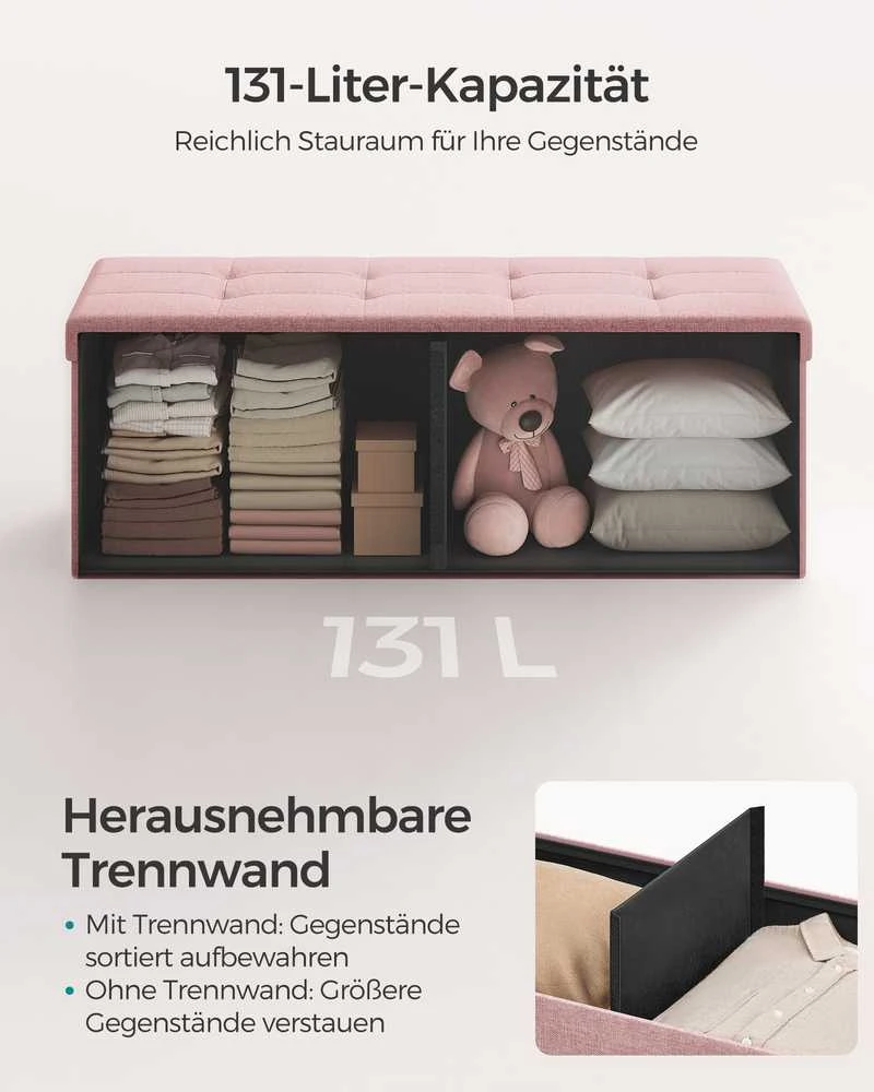 Songmics Taburetė su daiktadėže 38 x 110 x 38 cm pastelinės rožinės spalvos