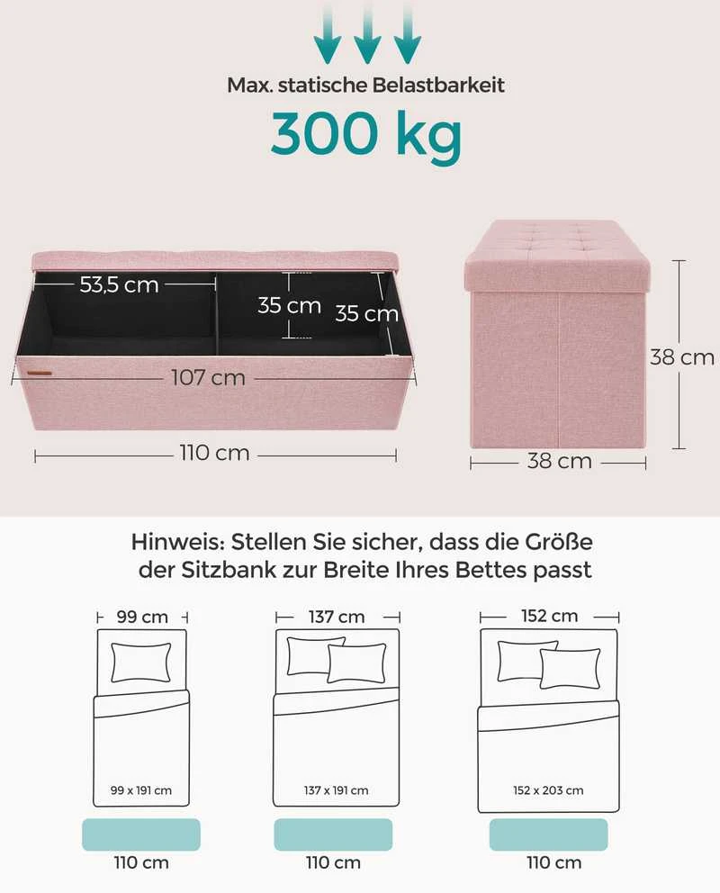 Songmics Taburetė su daiktadėže 38 x 110 x 38 cm pastelinės rožinės spalvos