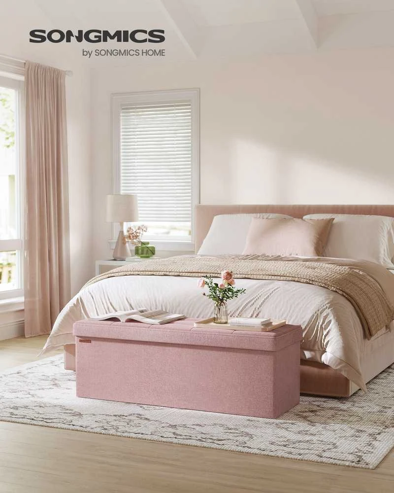 Songmics Taburetė su daiktadėže 38 x 110 x 38 cm pastelinės rožinės spalvos