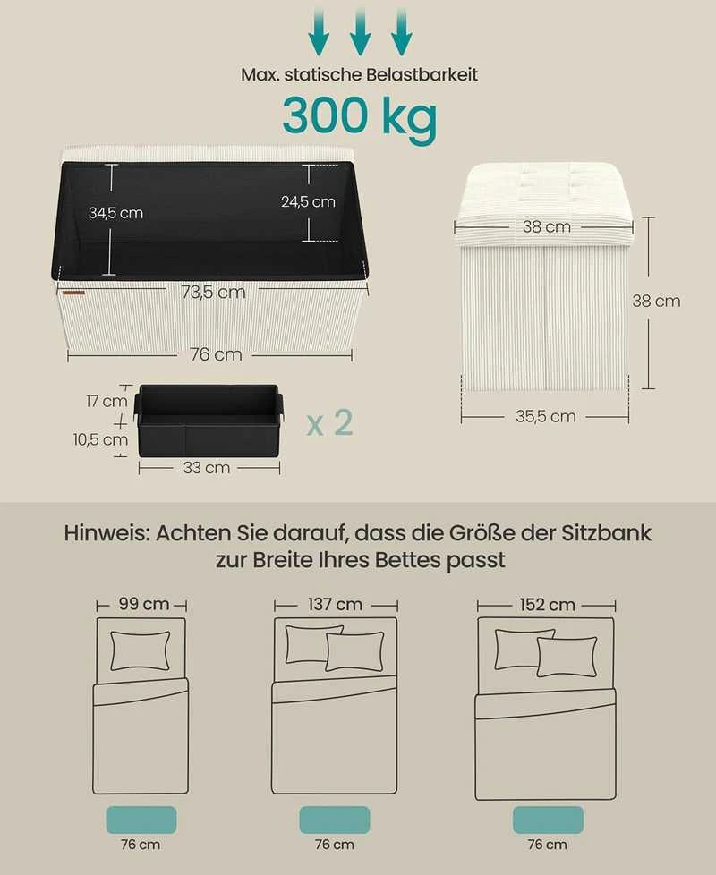 Songmics Pufas, 38x76x38 cm, kreminis