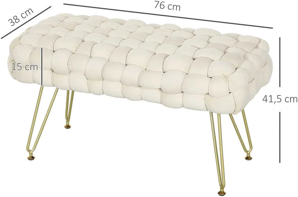 HOMCOM sėdimas pufas, aksominės išvaizdos suoliukas, kojų atrama su paminkštinta sėdyne, metalinės kojelės, svetainei, miegamajam, 76 x 38 x 41,5 cm, kreminės baltos spalvos