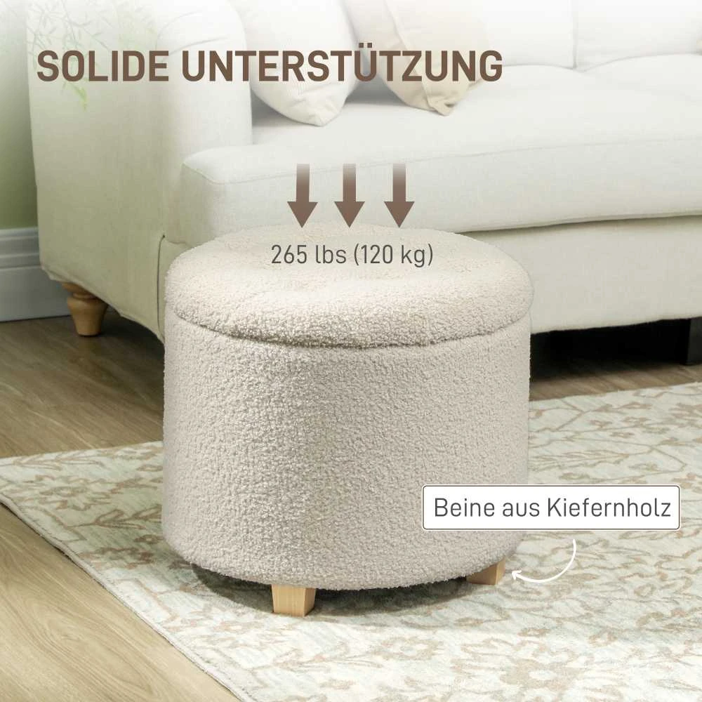 HOMCOM Suoliukas su daiktadėže, minkštas suoliukas su dangčiu, kašmyro išvaizdos lovos suoliukas, prieškambario miegamasis svetainė, medinis rėmas Ø45 x 41 cm, kreminės spalvos, baltas