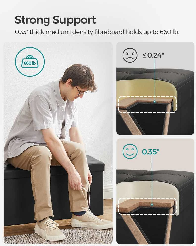 Songmics Suoliukas su saugykla 76 cm dirbtinė oda, juoda