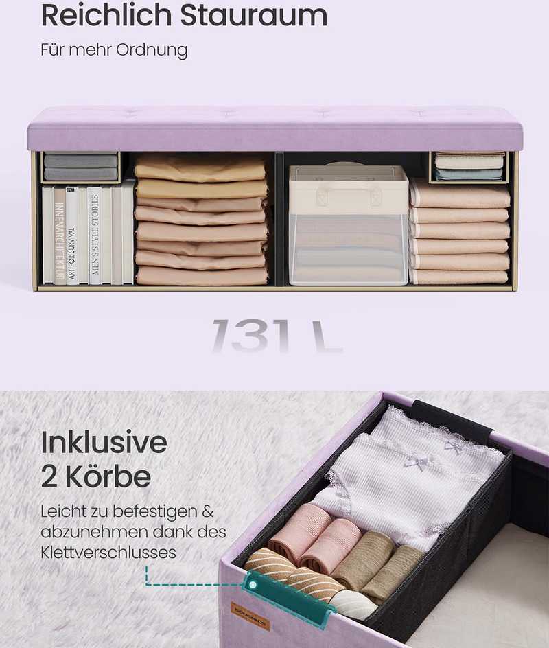 SONGMICS Sėdimoji dėžė su saugojimo vieta iš aksomo 38 x 110 x 38 cm