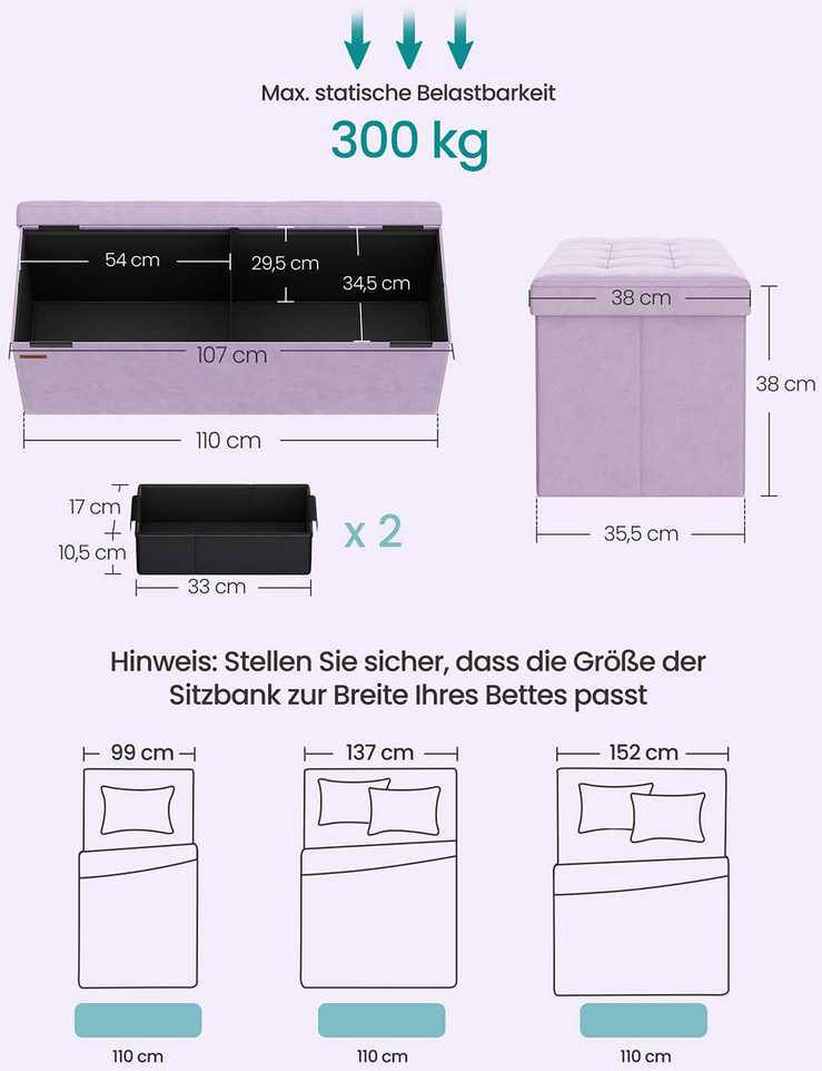 SONGMICS Sėdimoji dėžė su saugojimo vieta iš aksomo 38 x 110 x 38 cm