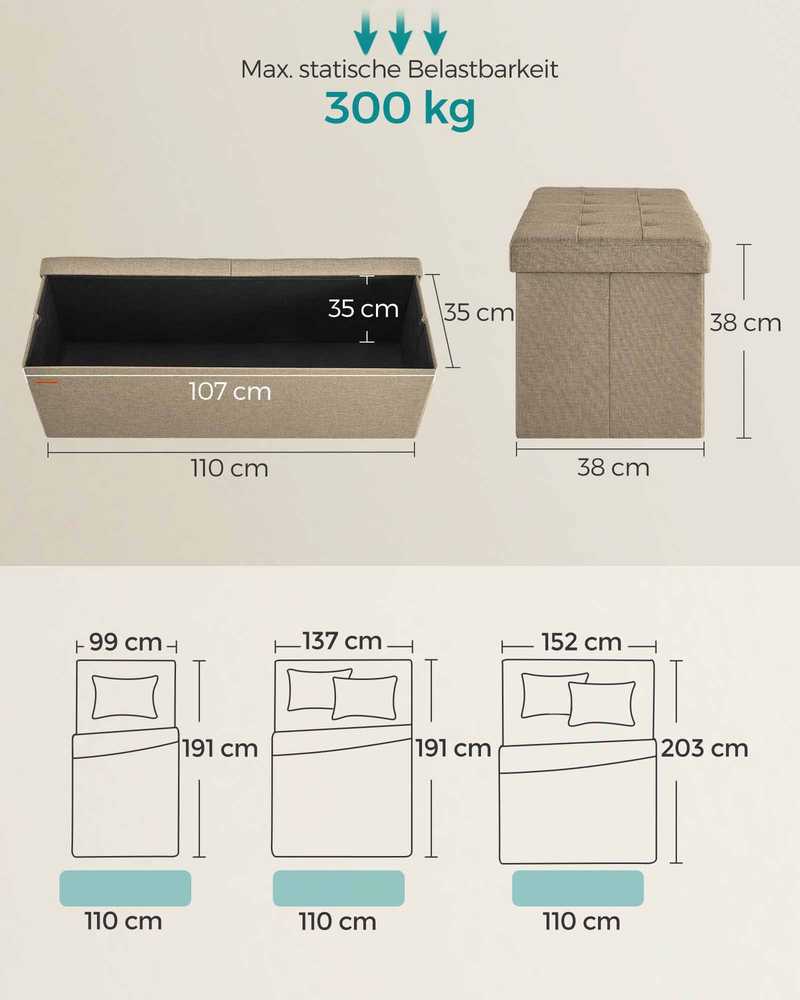 Songmics Suoliukas su daiktadėže 38 x 110 x 38 cm kupranugario rudos spalvos