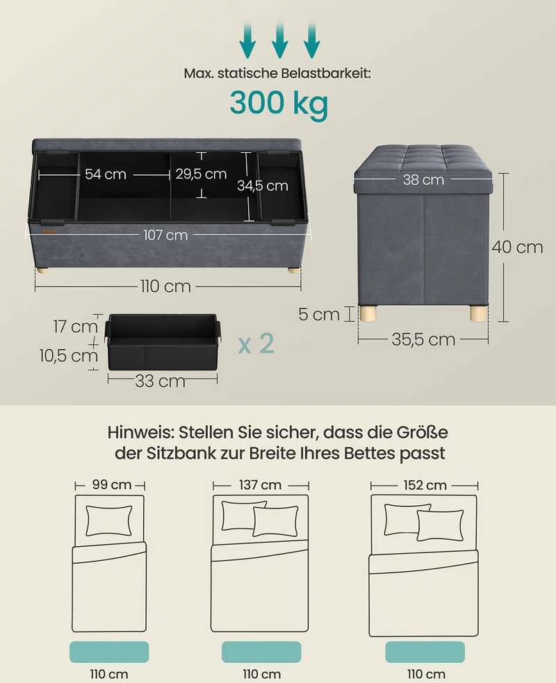 Songmics Suolas su daiktadėže 38 x 110 x 40 cm Kojinė 112 L šiferio pilka