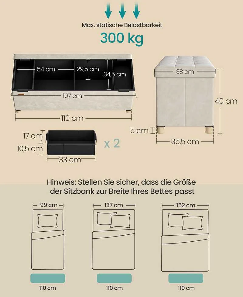 Songmics Suolas su daiktadėže 38 x 110 x 40 cm Kojinė 112 L cappuccino beige