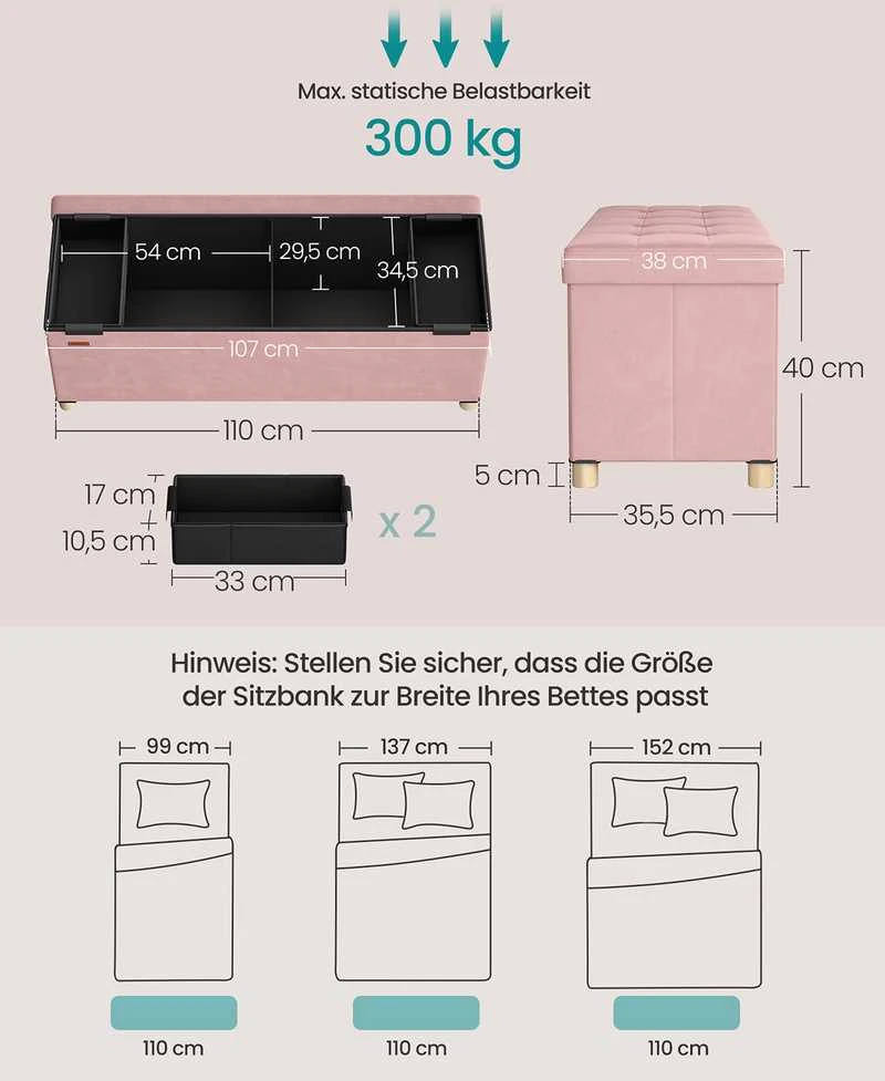 Songmics Suoliukas su daiktadėže 38 x 110 x 40 cm Kojinė 112 L pastelinės rožinės spalvos
