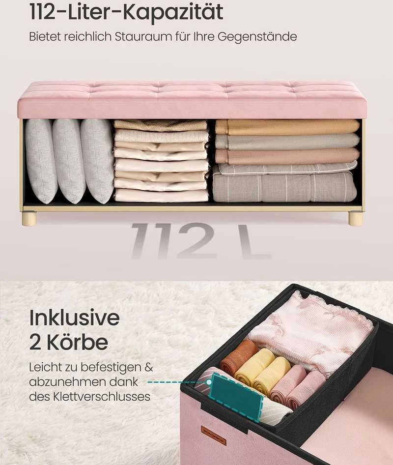 Songmics Suoliukas su daiktadėže 38 x 110 x 40 cm Kojinė 112 L pastelinės rožinės spalvos