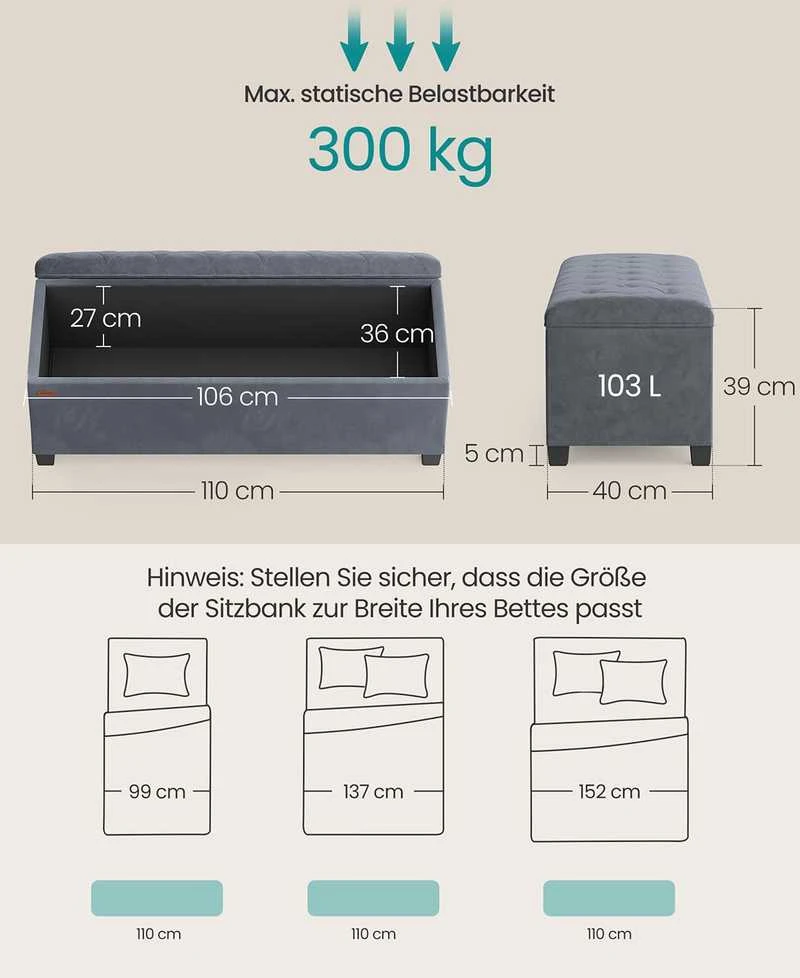 Songmics Pufas su daiktadėže 40 x 110 x 40 cm pilka