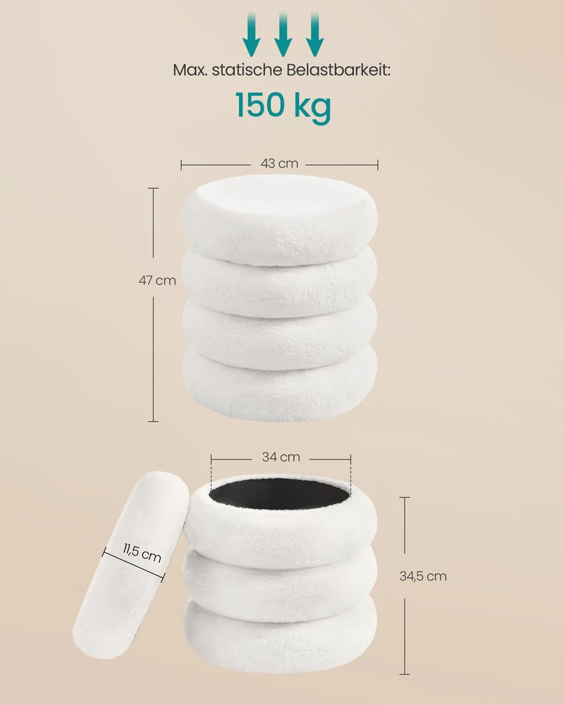 Songmics Pufas su daiktadėže ir nuimamu dangčiu, baltas, Ø 43 × 47 cm