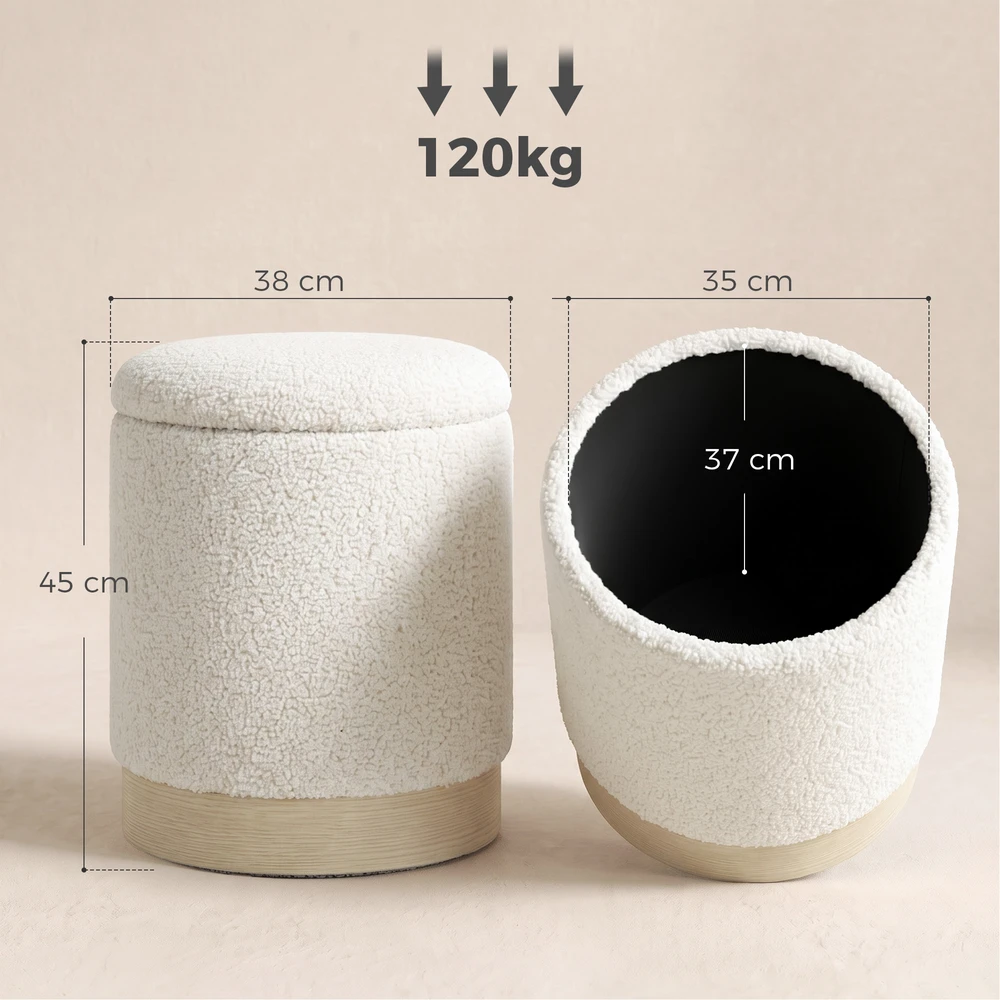 Pufas su daiktadėže, Sherpa audinio apmušalas, kreminės baltos spalvos, 38 × 38 × 45 cm