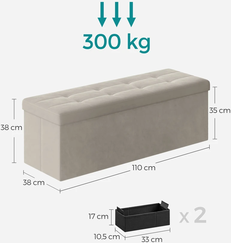 Leobert Pufas su daiktadėže, sulankstomas, 131 l, kreminės baltos spalvos, 110 × 38 × 38 cm
