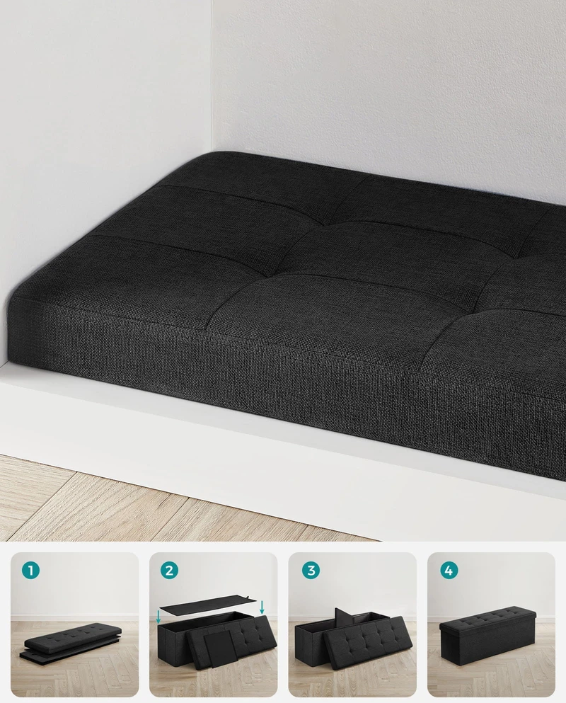 Leobert Pufas su daiktadėže, sulankstomas, juodas, 110 × 38 × 38 cm