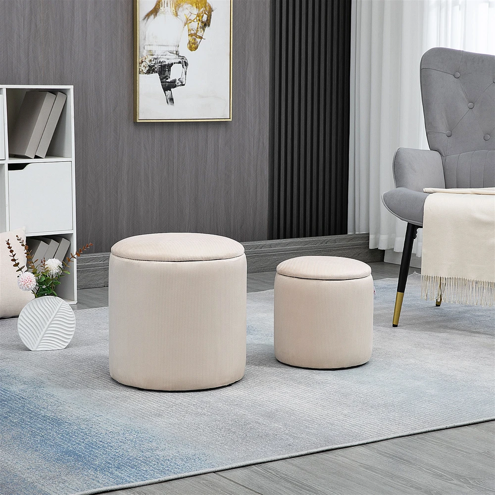HOMCOM 2 vnt. sėdimųjų pufų komplektas su daiktadėže, osmanas, pėdų kėdutė, laikymo dėžė, nuimamas dangtis, velvetinis apmušalas, kreminės baltos spalvos, 40 x 40 x 41 cm