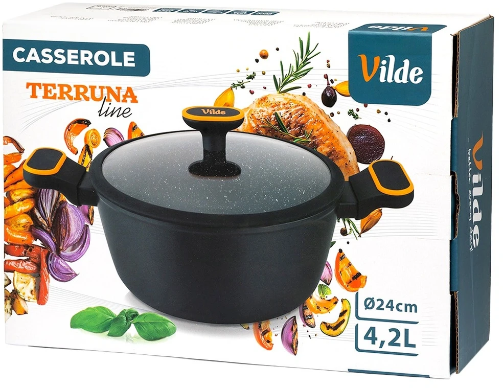 Puodas su granito danga ir stikliniu dangčiu, juodas, Ø 24 cm, 4,2 l