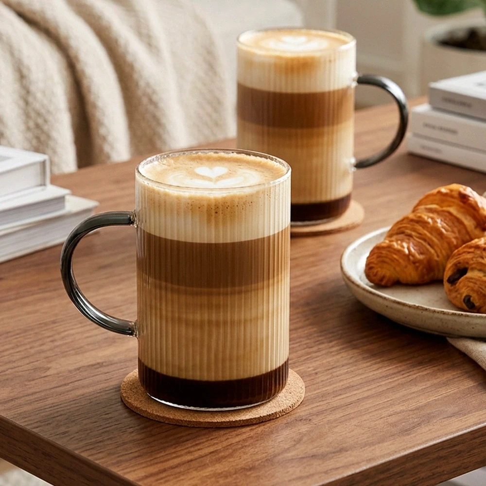 Puodeliai iš borosilikatinio stiklo, 290 ml, su juodomis rankenėlėmis, 10 × 7 × 10 cm, 6 vnt.