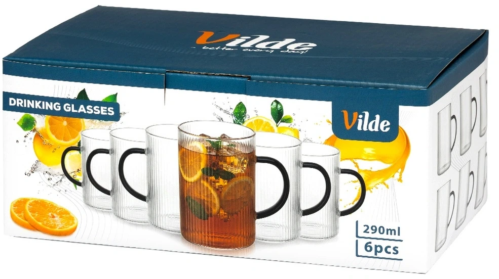 Puodeliai iš borosilikatinio stiklo, 290 ml, su juodomis rankenėlėmis, 10 × 7 × 10 cm, 6 vnt.