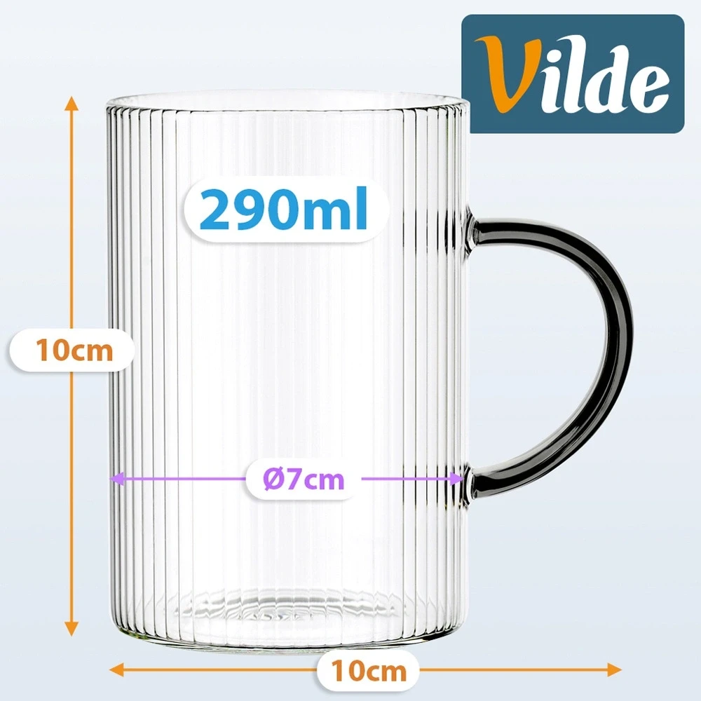 Puodeliai iš borosilikatinio stiklo, 290 ml, su juodomis rankenėlėmis, 10 × 7 × 10 cm, 6 vnt.