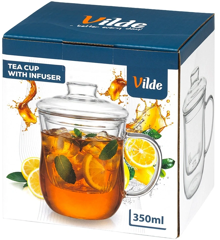 Puodelis su išimamu sieteliu ir dangteliu, skaidrus, 350 ml