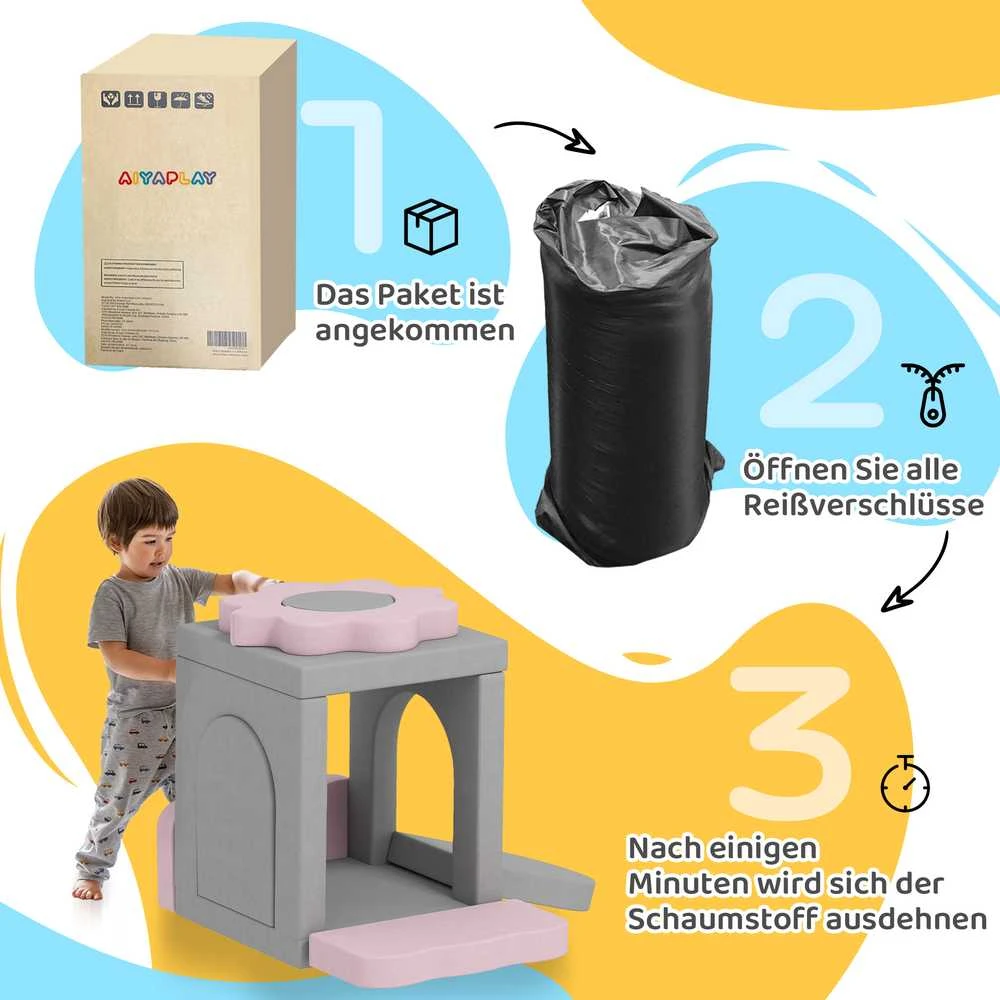 AIYAPLAY 12 dalių putplasčio blokelių rinkinys laipiojimui, statymui, ropojimui, vidaus žaidimų kilimėliai su velvetiniu užvalkalu, pilka+rožinė