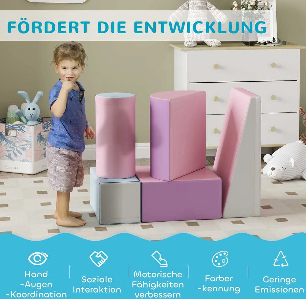 HOMCOM minkštųjų kaladėlių rinkinys, 5 vnt., putplasčio statybinės kaladėlės, didelės kaladėlės, statybinis žaislas, putplasčio blokai 1-3 metų vaikams, dirbtinė oda, EPE