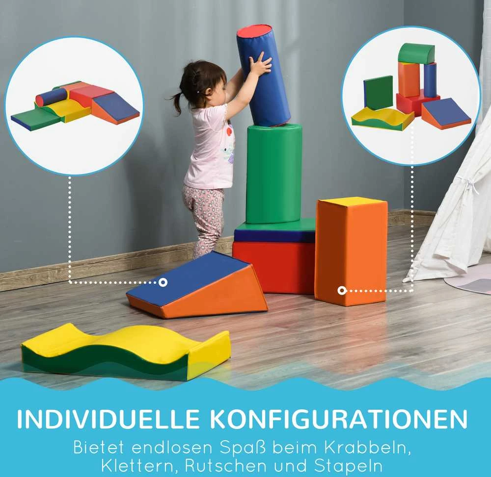 HOMCOM 7 dalių minkštų kaladėlių rinkinys, statybinių kaladėlių rinkinys, putplasčio kaladėlės laipiojimui ir žaidimams, didžiulės kaladėlės, minkštos statybinės kaladėlės, dirbtinė oda, spalvotos