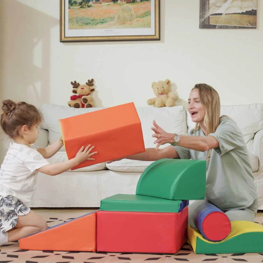 HOMCOM 7 dalių minkštų kaladėlių rinkinys, statybinių kaladėlių rinkinys, putplasčio kaladėlės laipiojimui ir žaidimams, didžiulės kaladėlės, minkštos statybinės kaladėlės, dirbtinė oda, spalvotos