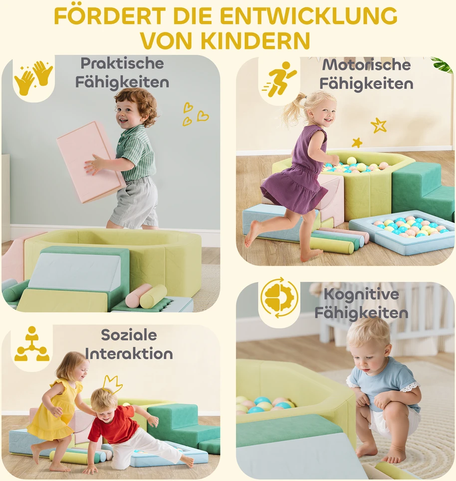 AIYAPLAY 15 dalių minkštųjų kaladėlių rinkinys, 200 plastikinių kamuoliukų, kamuoliukų baseinas mažyliams, patalpoms, putplastis, spalvotas