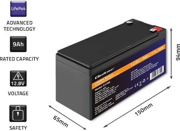 QOLTEC 53700 LiFePO4 ličio geležies fosfato baterija / 12,8V / 9Ah / 115,2Wh / BMS