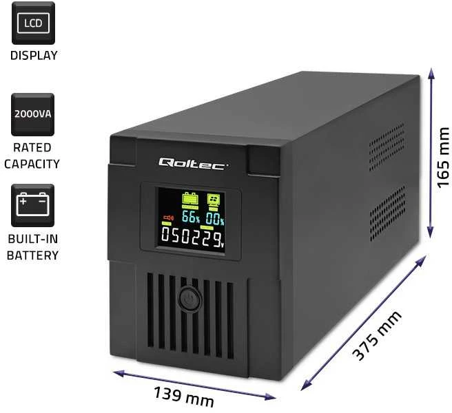 QOLTEC 53771 nepertraukiamo maitinimo linijos interaktyvus monolitas 2000VA 1200W LCD USB
