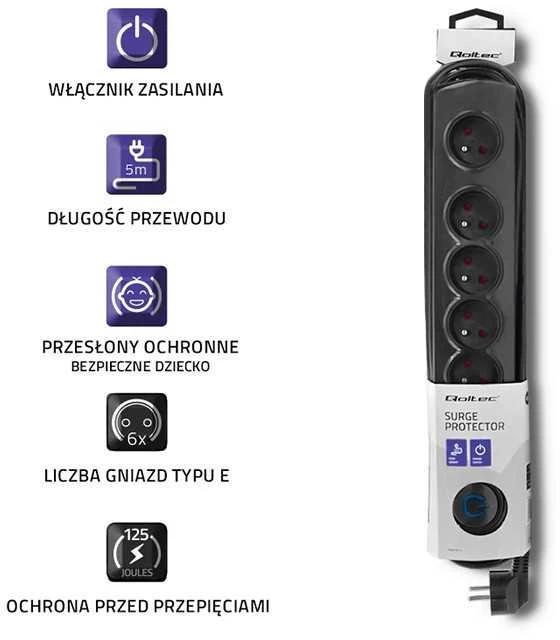 QOLTEC Apsauga nuo viršįtampių 6 lizdai 5m
