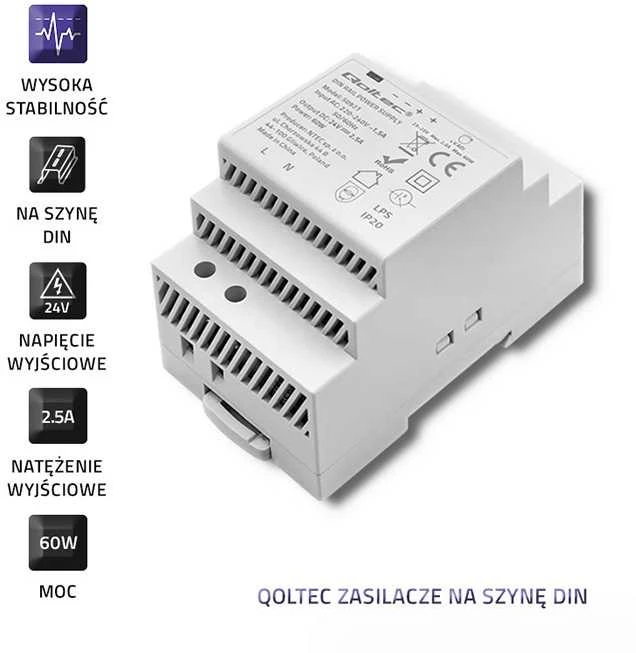 Qoltec DIN bėgio maitinimo šaltinis | 60W | 24V | 2,5A | Pilka