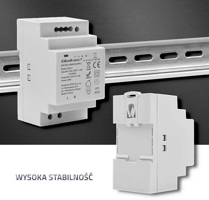 Qoltec DIN bėgio maitinimo šaltinis | 60W | 24V | 2,5A | Pilka