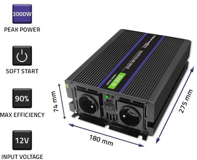QOLTEC 51927 Monolitinis įtampos keitiklis 3000 MS Wave / 12V iki 230V / 1500/3000 / USB
